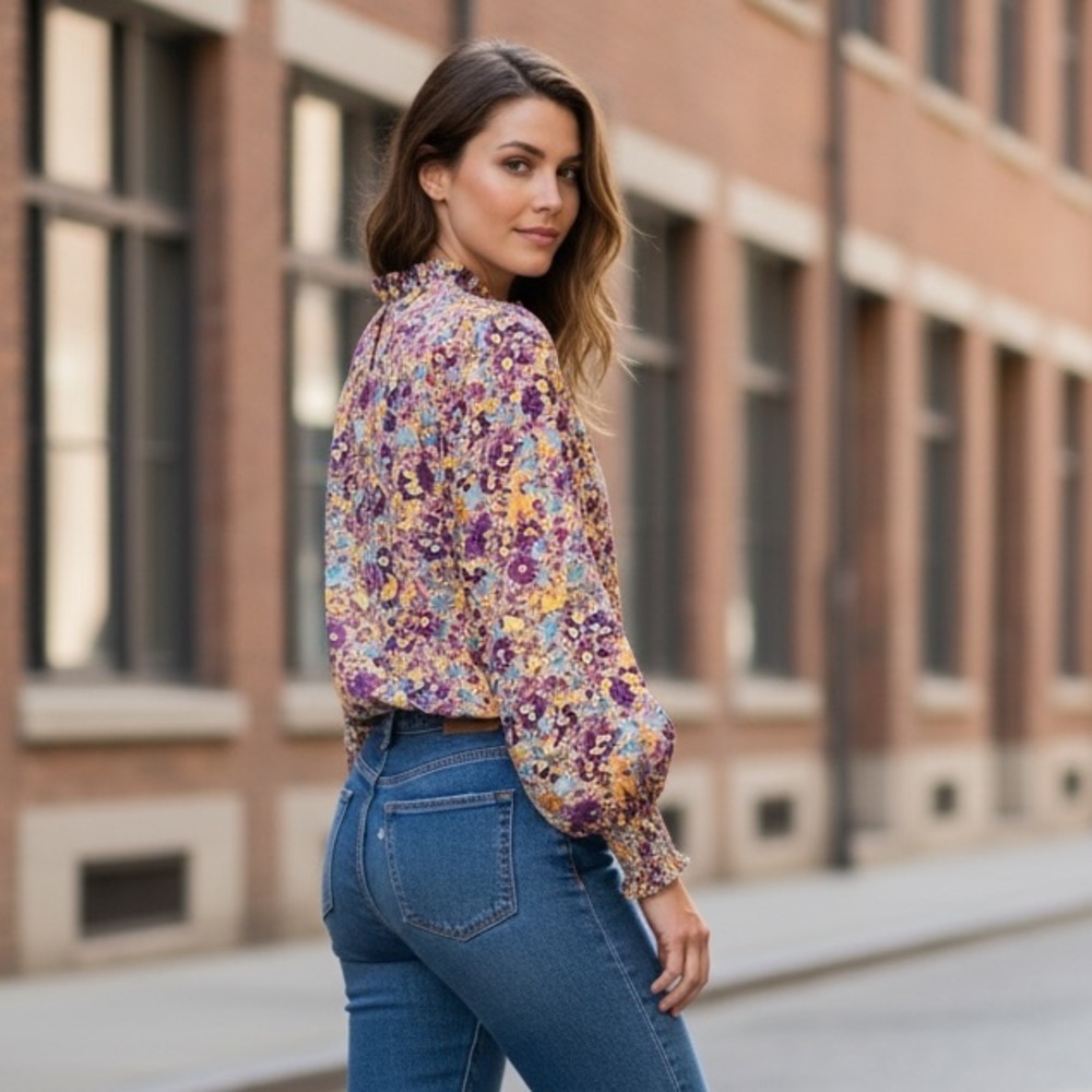 Jodifl Can't Change Purple Ditsy Floral Long Sleeve Feminine Blouse Size Small - Picture 5 of 12